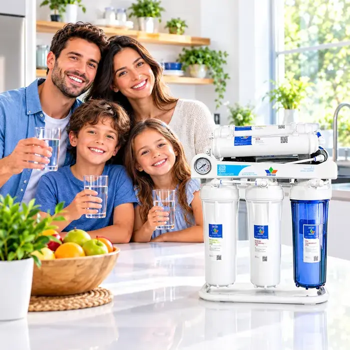 Système d’osmose inverse TECOMEN 7 ST 75 GPD avec plusieurs étapes de filtration pour l’eau domestique.