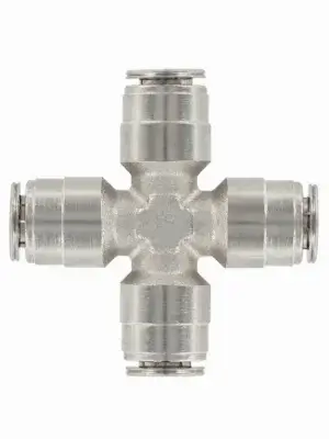 Raccord croix égal haute pression pour connexion de conduites dans un système de brumisation.